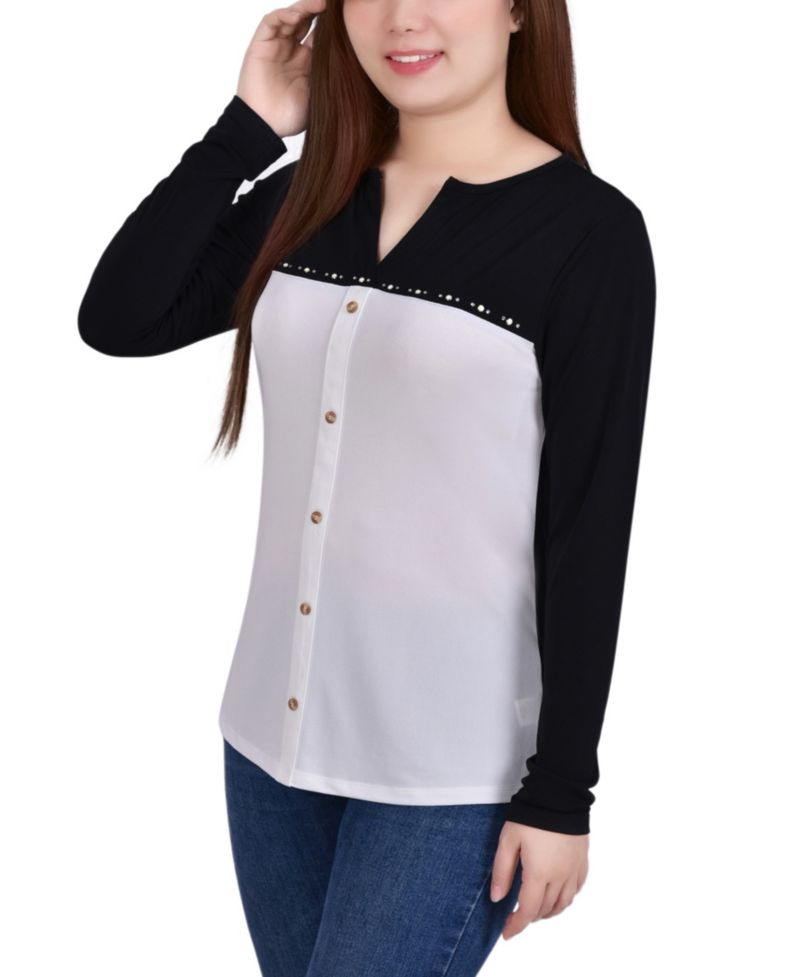 Petite Long Sleeve Studded Colorblocked Split Neck Top