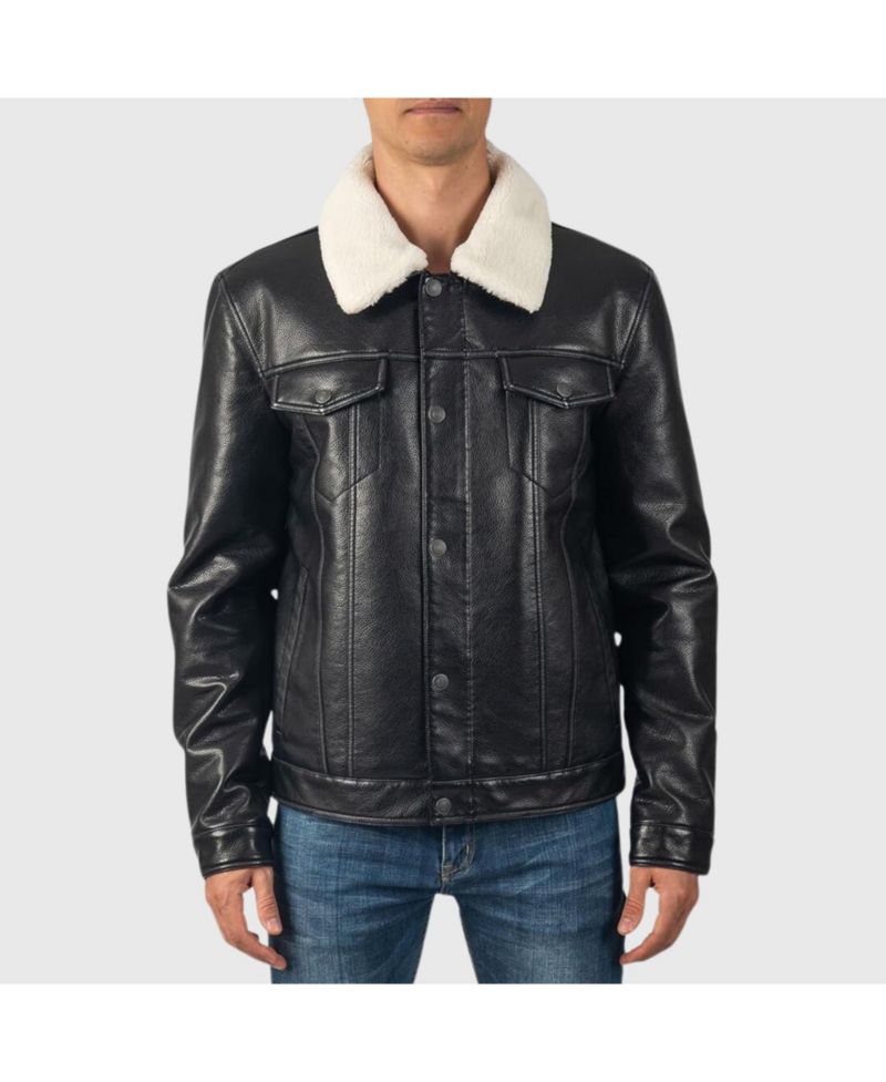 Men's Aaron Fitted Trucker Jacket Sherpa Collar Faux Leather Casual Coat