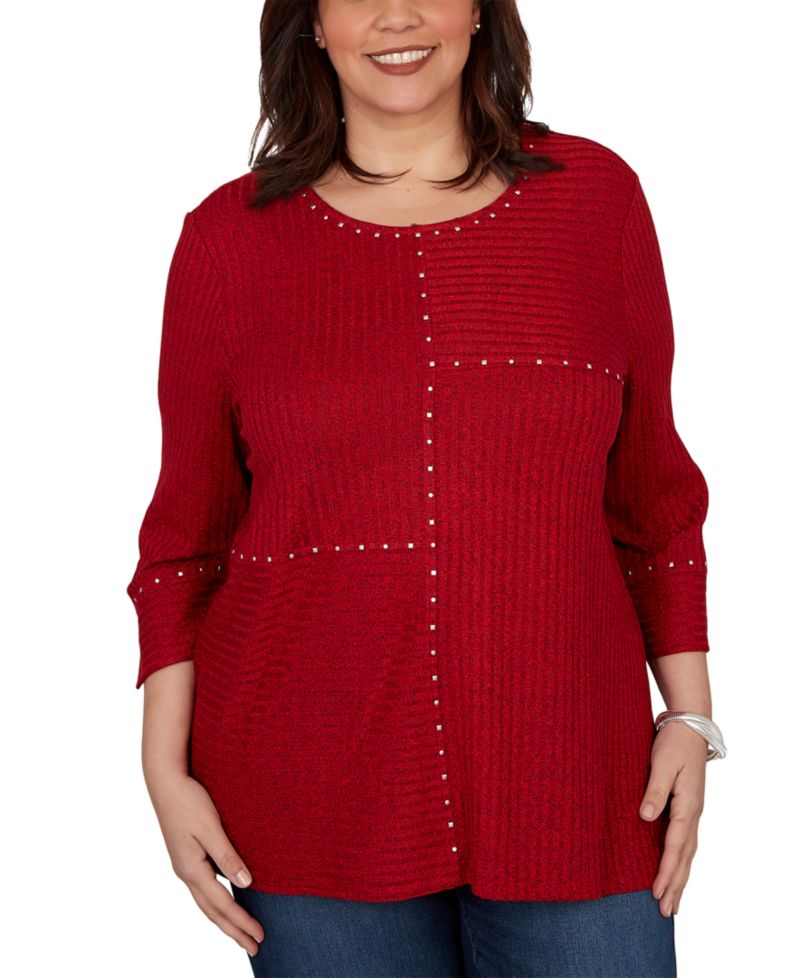 Plus Size Spliced Texture Metallic Studded Top