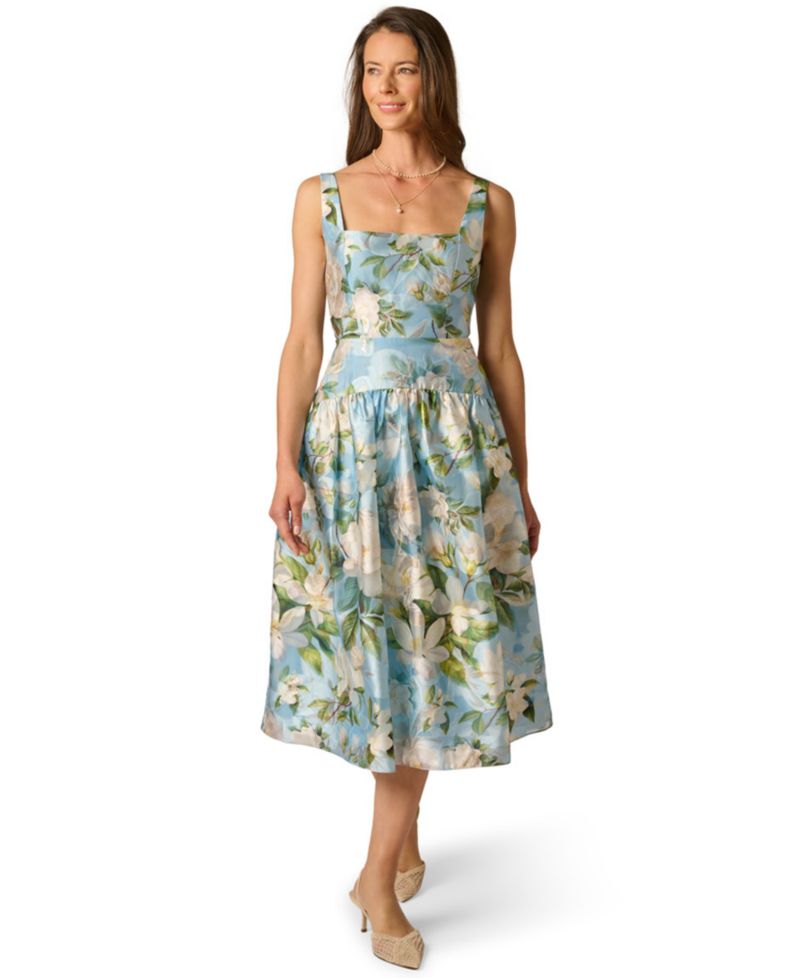 Women's Shirred Square Neck Midi Dress