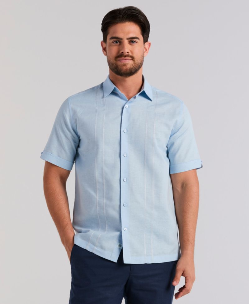 Men's Short-Sleeve Panel Button-Front Linen Camp Shirt