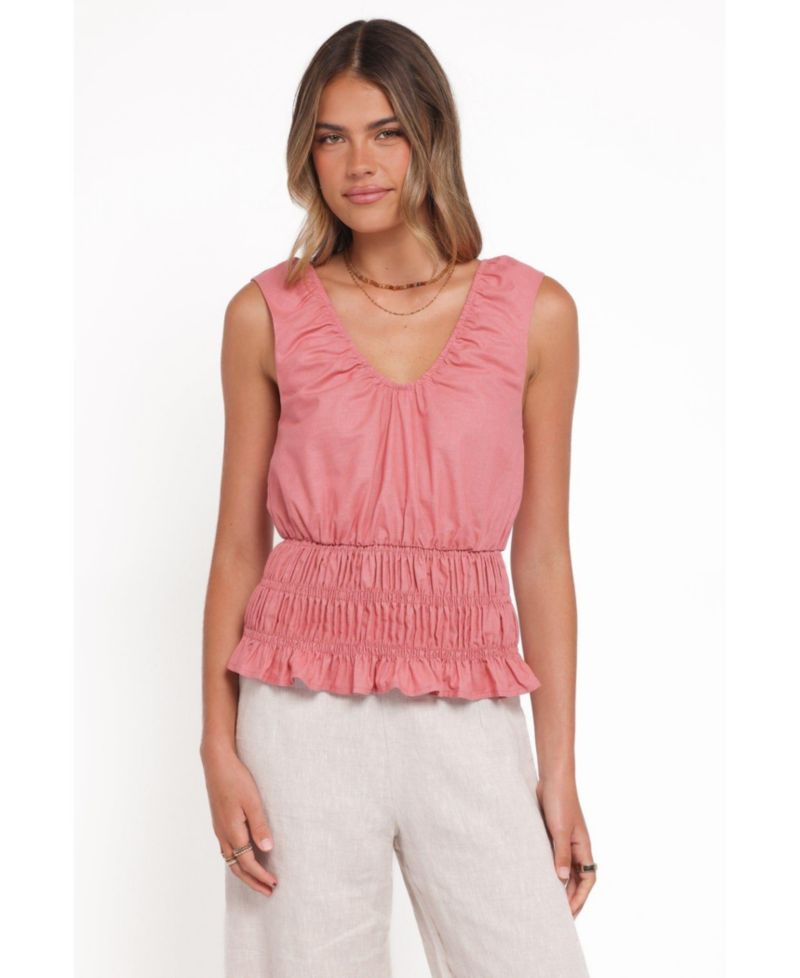 Women's Lucilla V-Neck Shirred-Waist Sleeveless Top