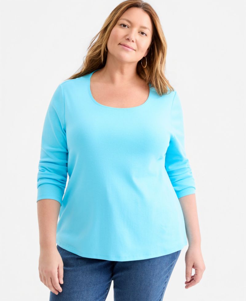 Petite Scoop-Neck Long-Sleeve Cotton Top