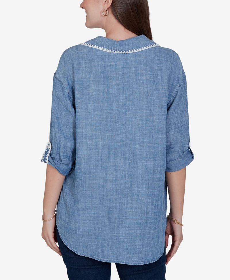 Petite 3/4-Sleeve Crochet-Trim Top with Curved Hem