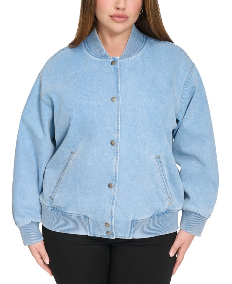 Plus Size Varsity Cotton Denim Bomber Jacket