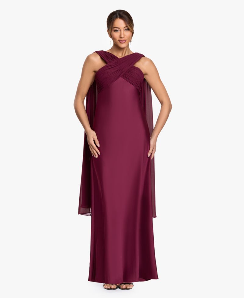 Petite Criss Cross Halter Neck Chiffon Cape Ball Gown