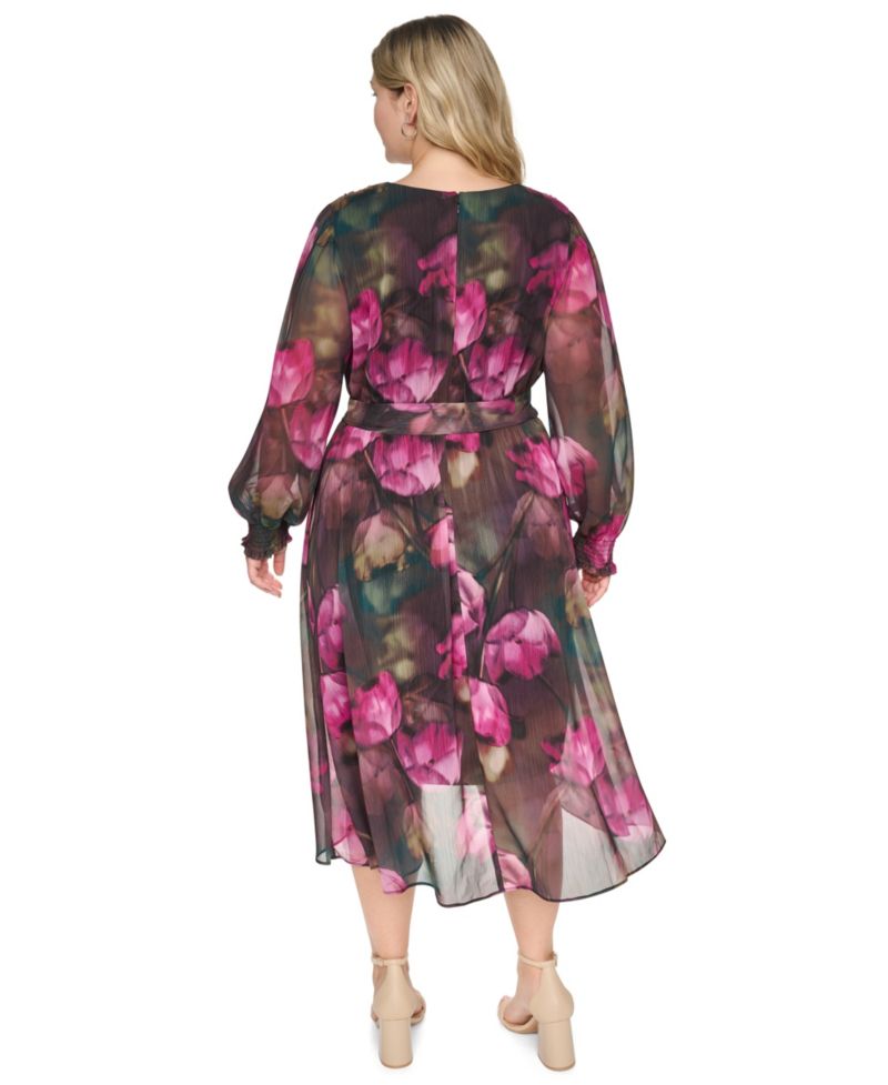 Petite Smocked Wrap Midi Floral-Print Long-Sleeve Dress