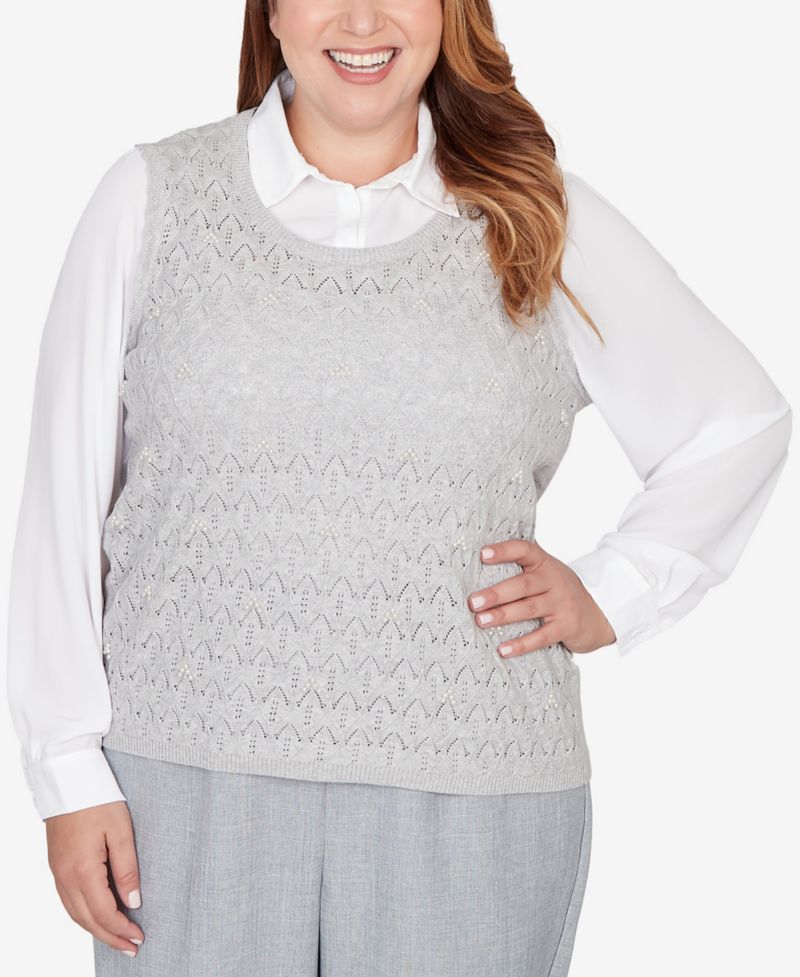 Plus Size Al Fresco Pointelle Mother of Pearl Lace Two In One Sweater
