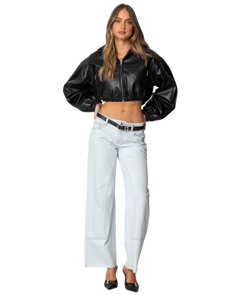 Women's Hooded Faux Leather Cropped Jacket