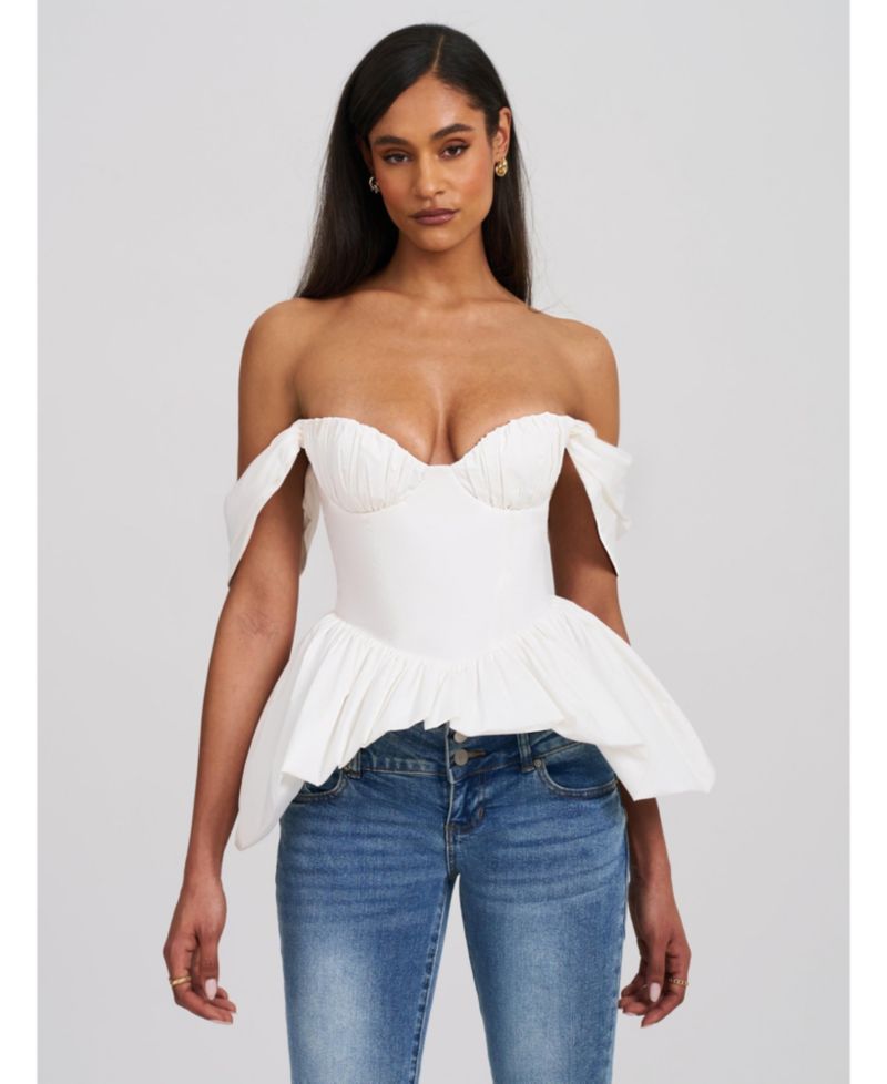 Women Qistina White Off-shoulder Bubble Hem Peplum Cotton Top