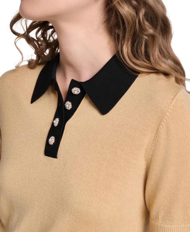 Petite Short-Sleeve Contrast Collar Sweater
