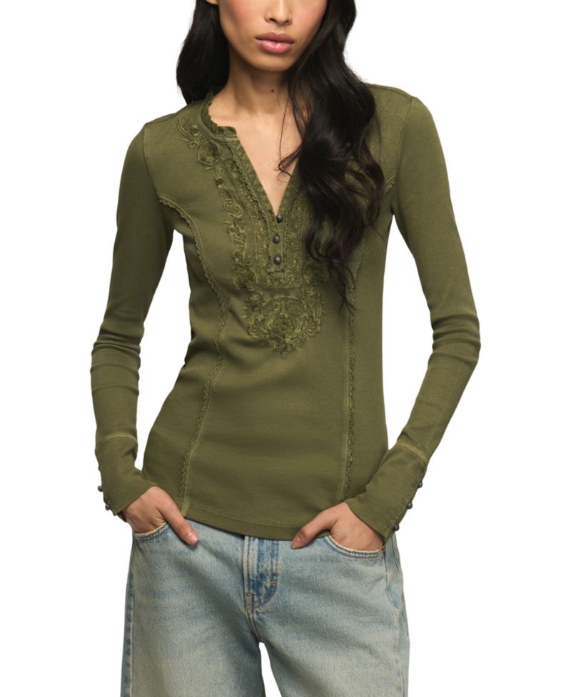 Women's Embroidered V-Neck Long-Sleeve Henley