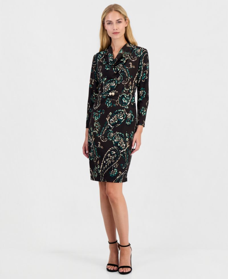 Women's Cowl Neck Sheath Long-Sleeve Paisley-Print Dress