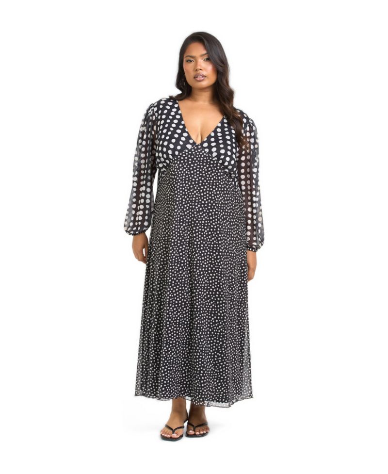 Women's Long Sleeved Polka Dot Midi Dress
