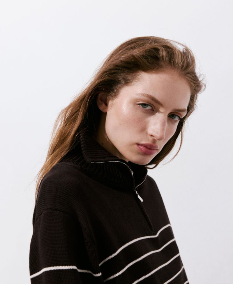 Women's Quarter-Zip Striped Cotton Sweater