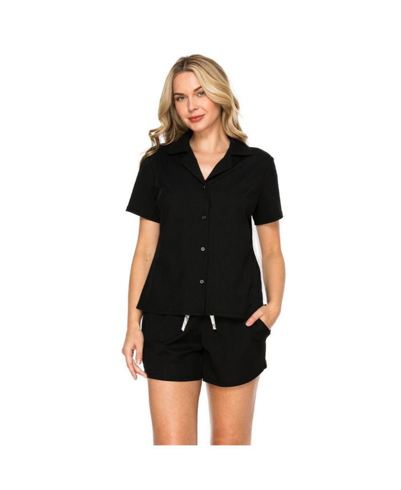 Women's Yummy Ribbed Jersey-Knit Notch Collar Button-Up Top and Shorts Pajama Set
