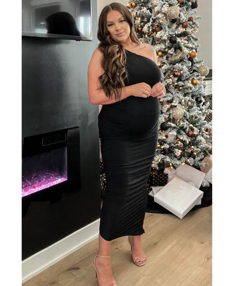 Women's Black Ruched One Shoulder Dress