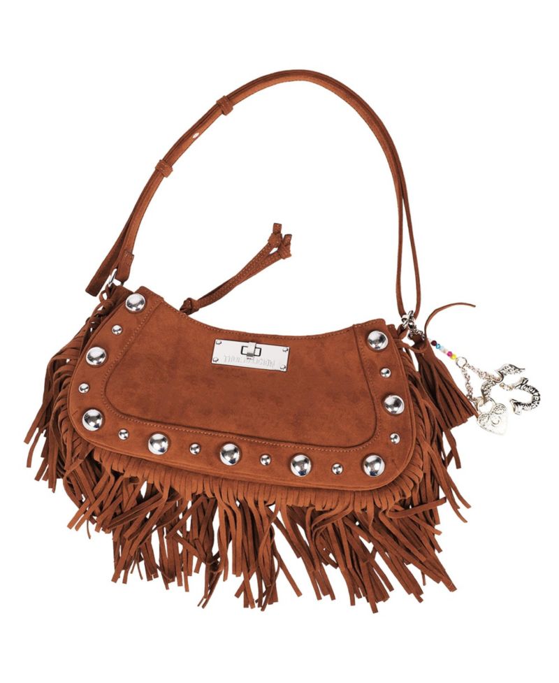 Vintage Dangle Fringe Hobo Bag with Studded Trim and Charm Accents