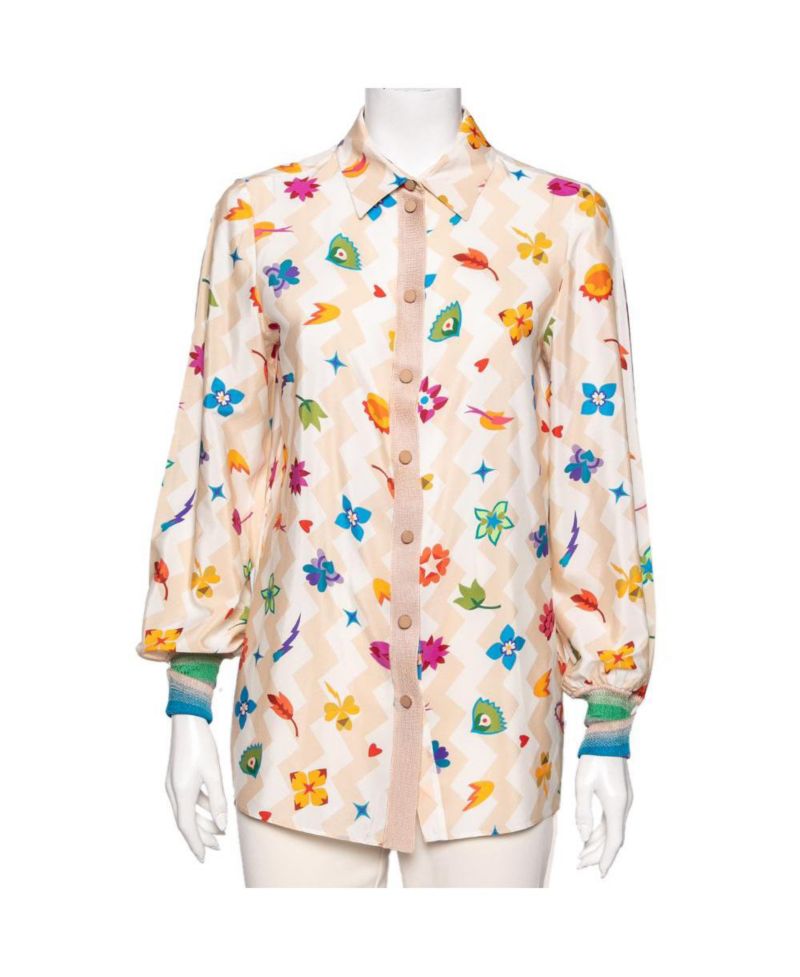 Women's Printed Crepe and Knit Trim Detailed Button Front Shirt