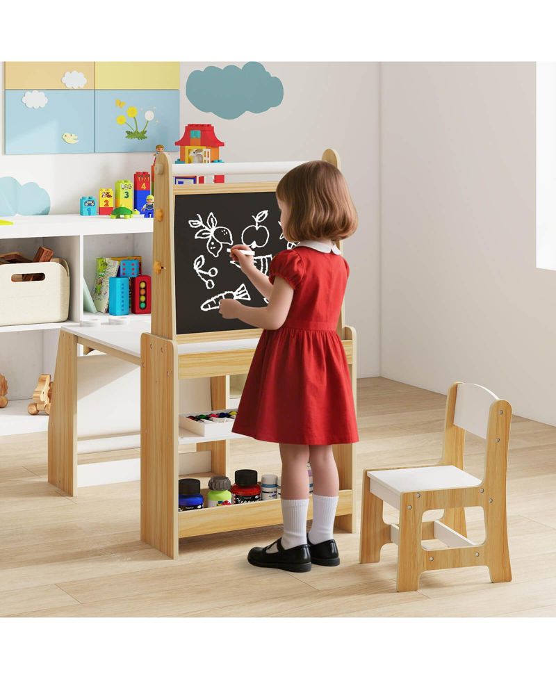Kids Art Table and Chair Set with Easel Whiteboard Chalkboard Paper