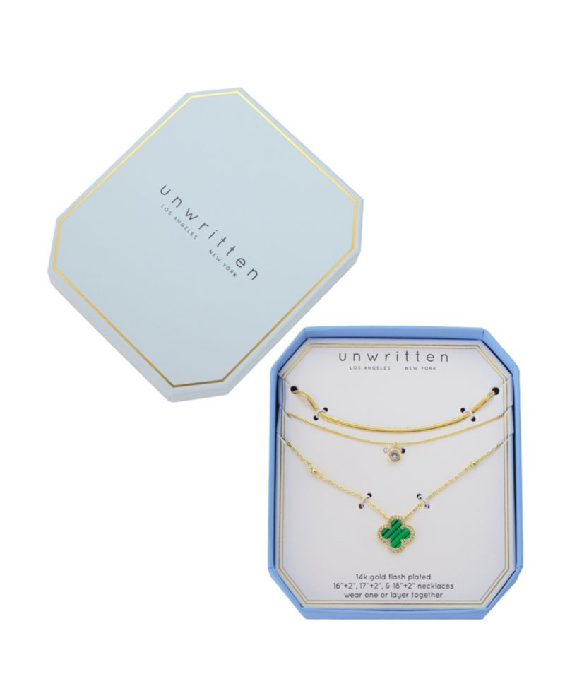 Malachite Clover and Cubic Zirconia Bezel Layered Necklace Set