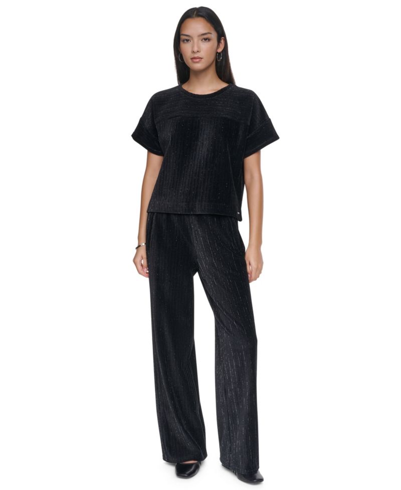 Women's Lurex Velvet Knit Scoop Neck Short-Dolman Sleeves T-Shirt