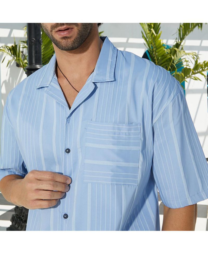Men's Powder Blue Unbalanced-Ridge Oversized Shirt