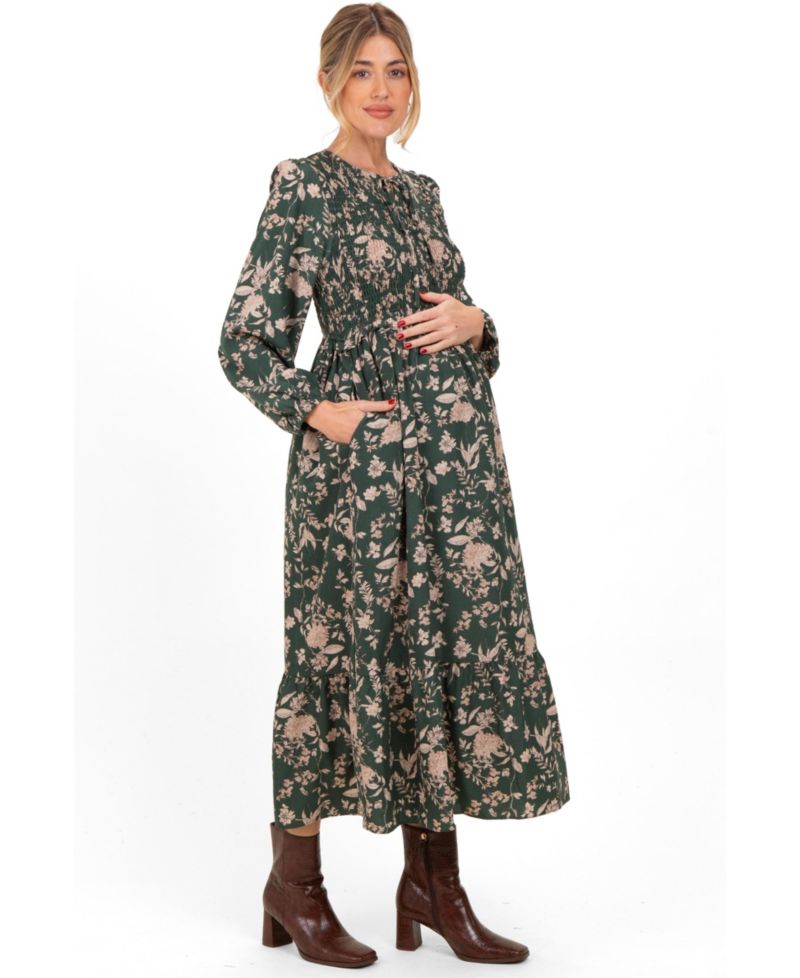 Women's Green Floral Smocked Long Sleeve Midi Dress