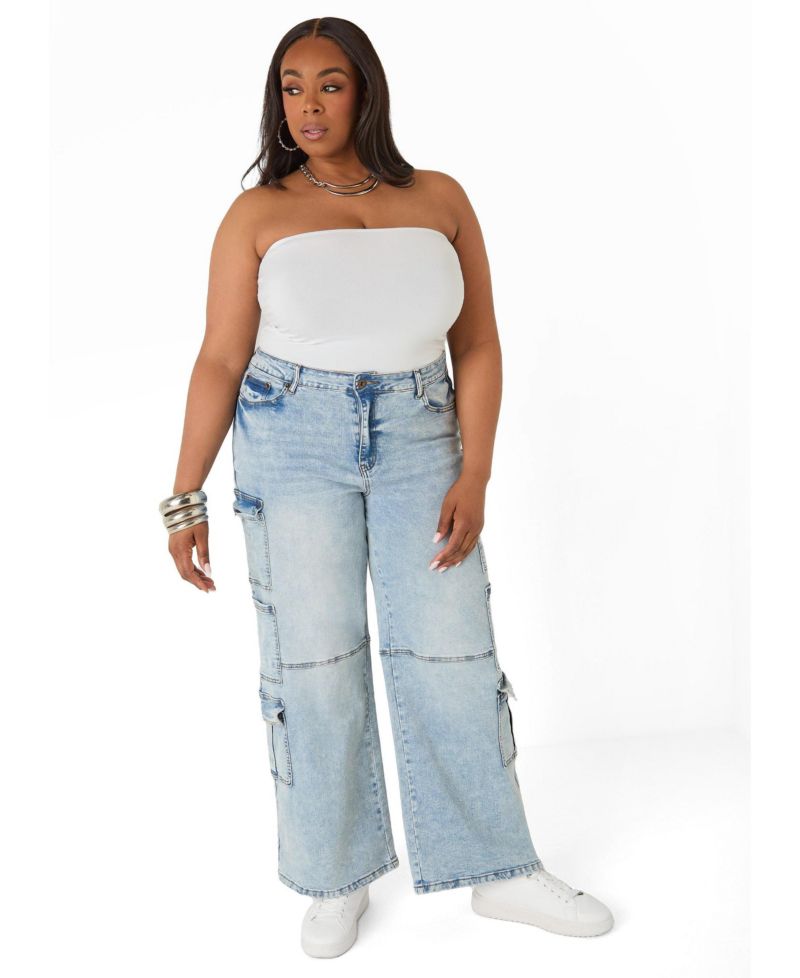 Plus Size Cargo Acid Wash High-Waisted Jeans