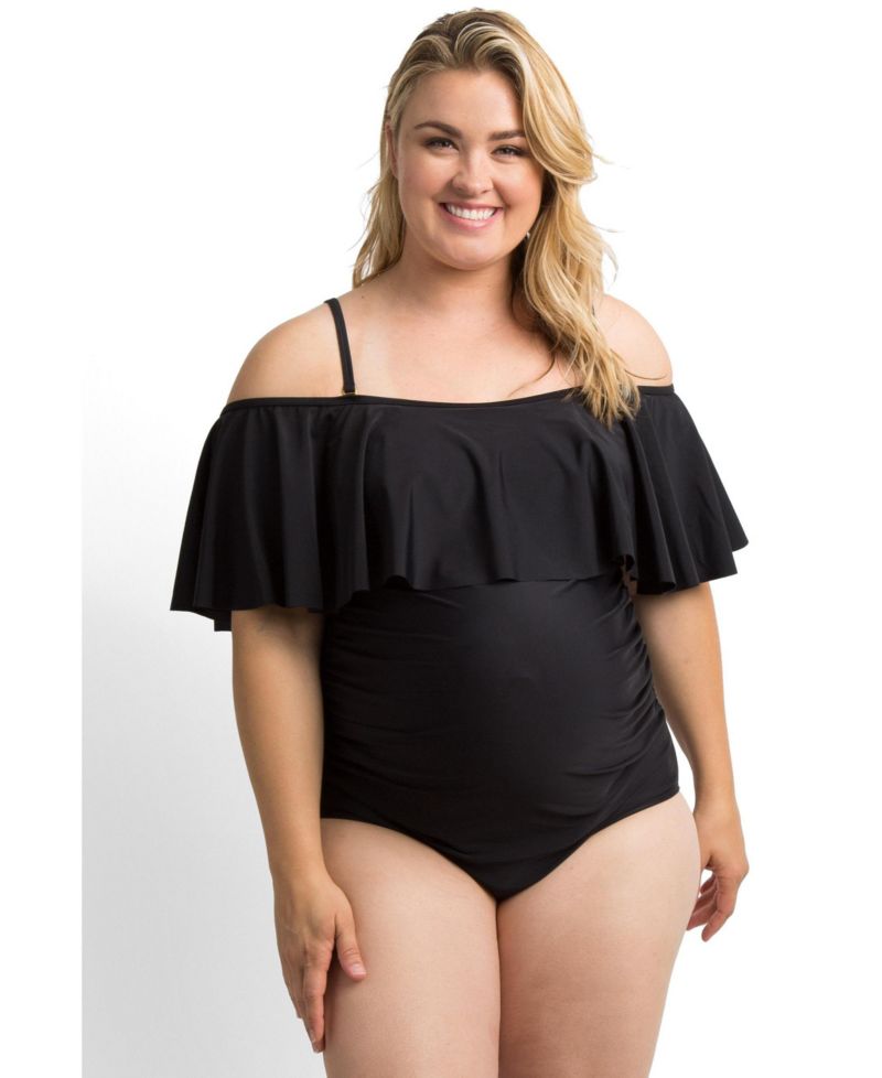 Women's Maternity Ruffle Trim Ruched One-Piece Plus Swimsuit