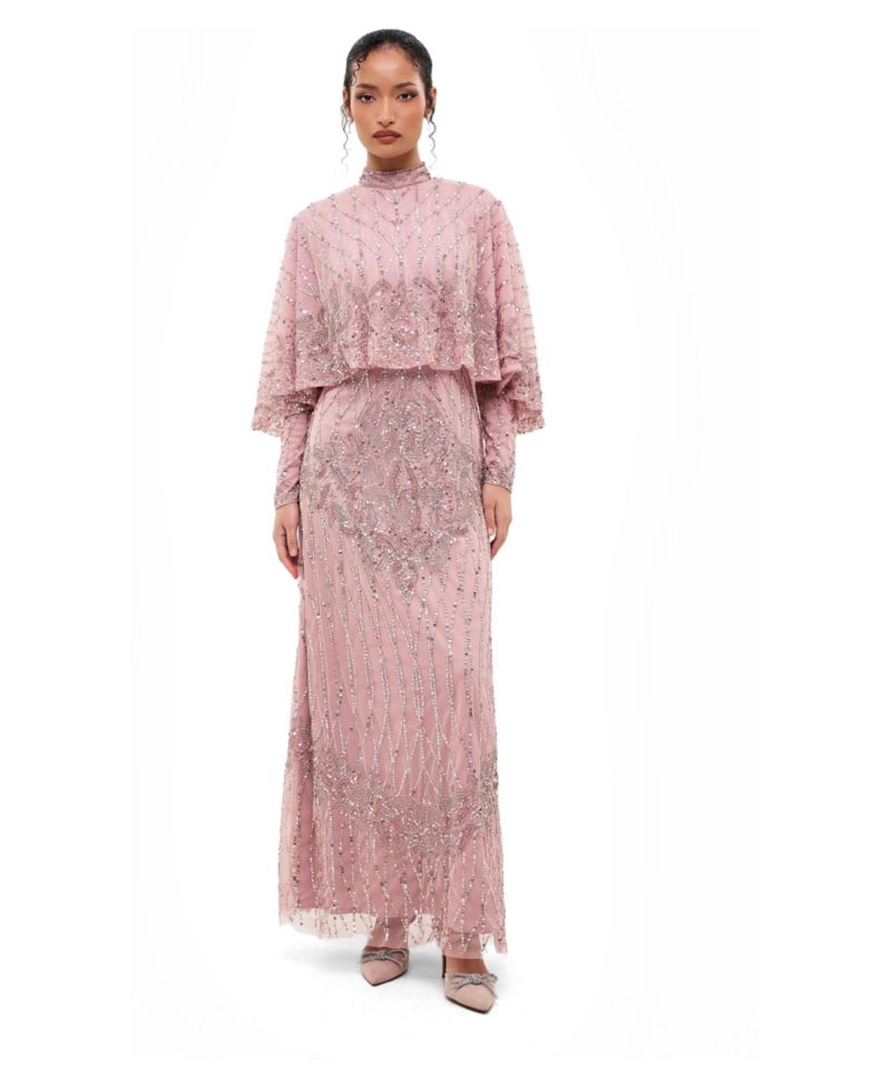 Women's Modest Cape Embellished Sequins Gown