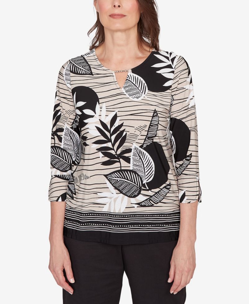 Petite Classic Tropical Leaf Border Print Split Neck Top