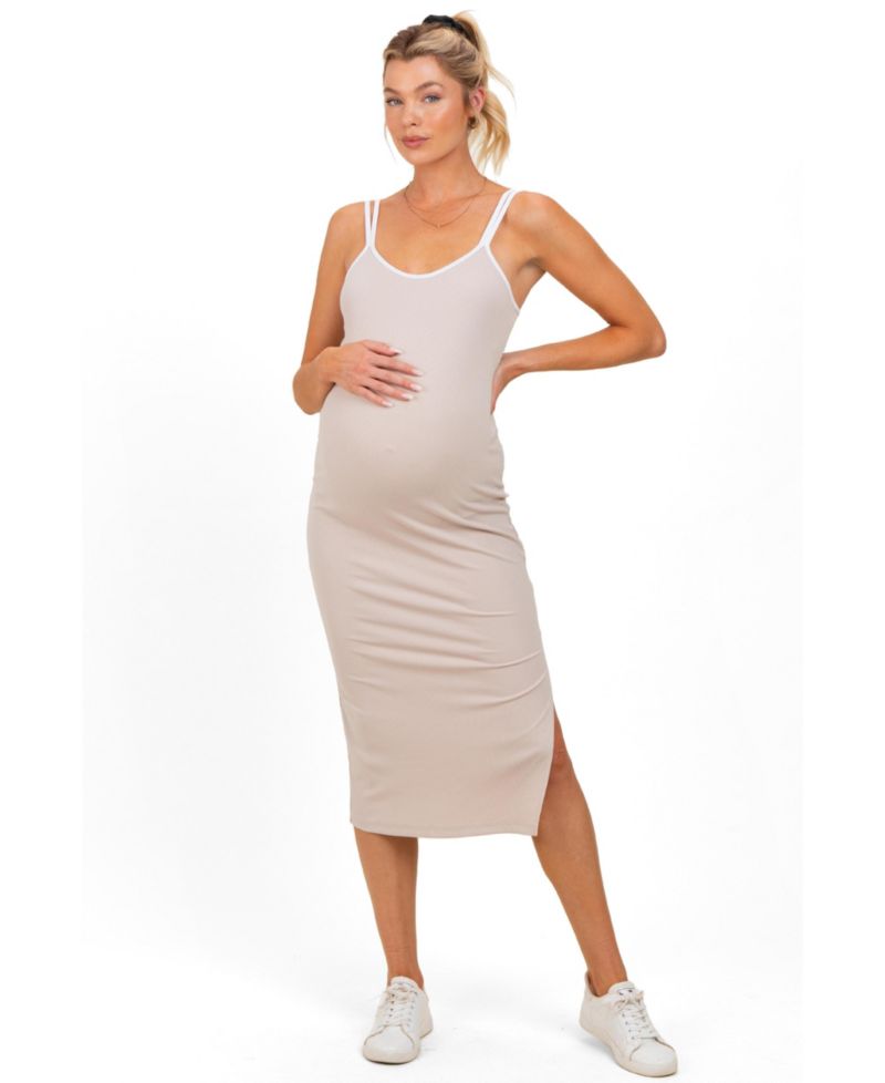 Women's Beige Contrast Double Strap Midi Dress
