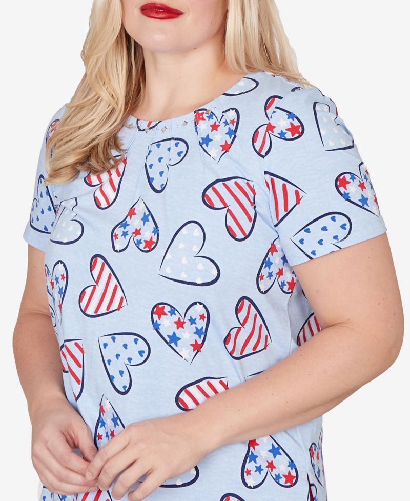 Petite Lady Liberty American Flag Hearts Printed Short-Sleeve T-Shirt