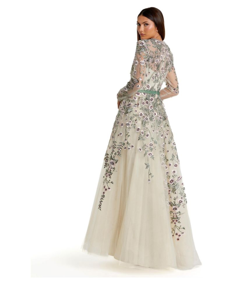 Women's Long Sleeve Floral Embellished A-Line Gown