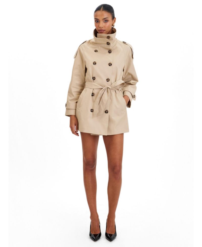 Women's Vanetta Tan High Collar Double-Breasted Trench Mini Coat