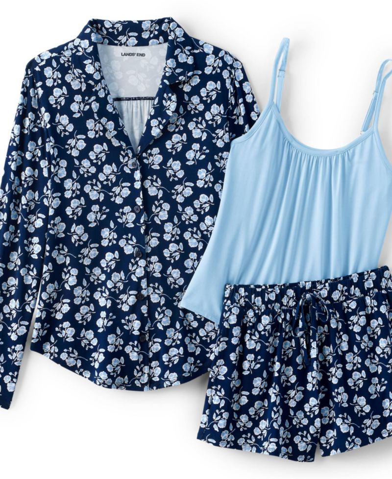 Plus Size Cooling 3 Piece Pajama Set - Long Sleeve Top Cami and Shorts