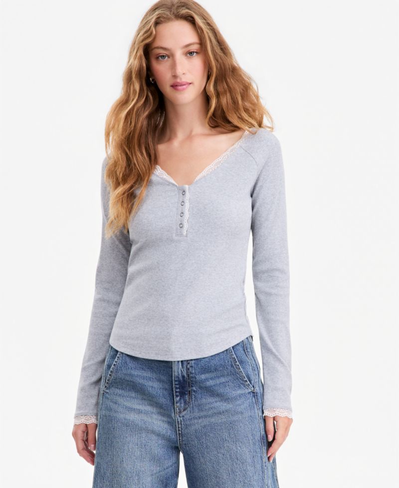 Women's Henley Long-Sleeve V-Neck Lace Trim Top