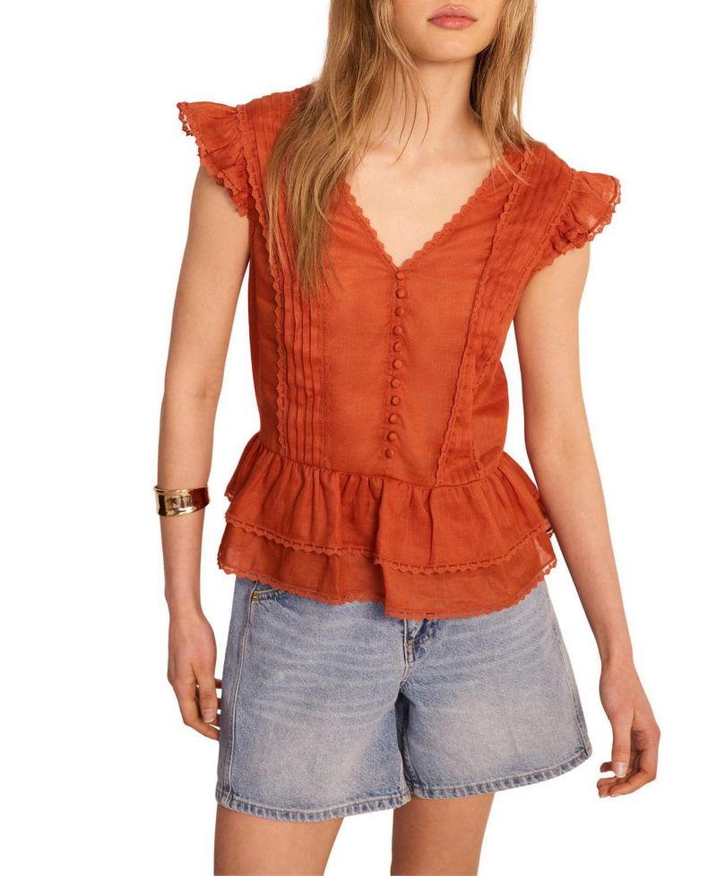 Women's V-Neck Ruffle Sleeveless Ramie Blouse
