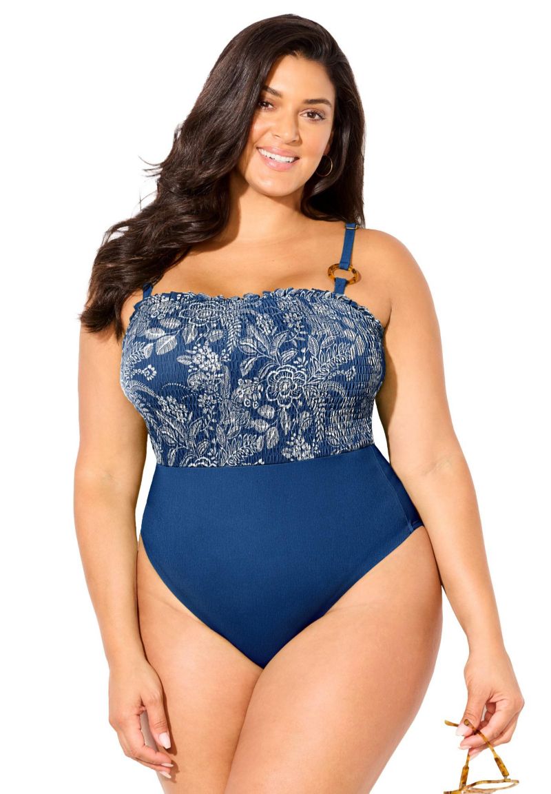 Women's Smocked Ring Strap One Piece Swimsuit