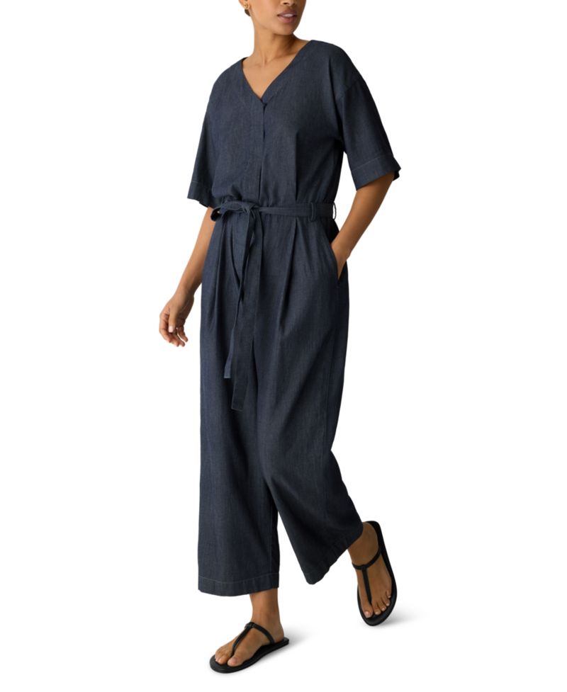 Eileen Fisher Petite Airy Cotton Twill Short-Sleeve Wide-Leg Belted Jumpsuit