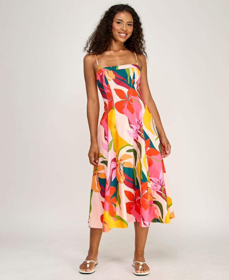 Juniors' Printed Poplin Square Neck Midi Dress