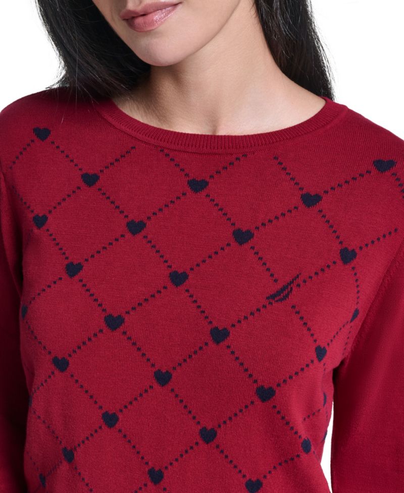 Women's Argyl Hearts Crewneck Long-Sleeve Cotton Sweater