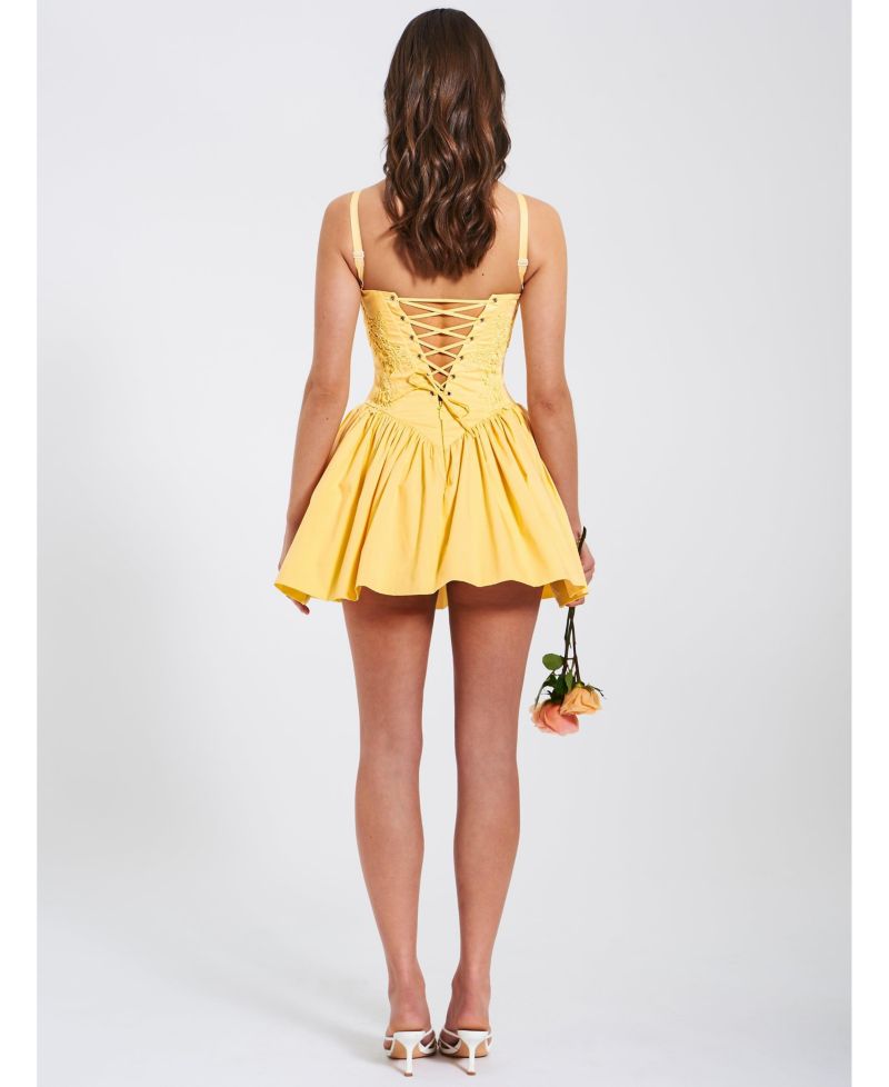 Women's Kadi Yellow Cotton Drop Waist Corset Mini Dress