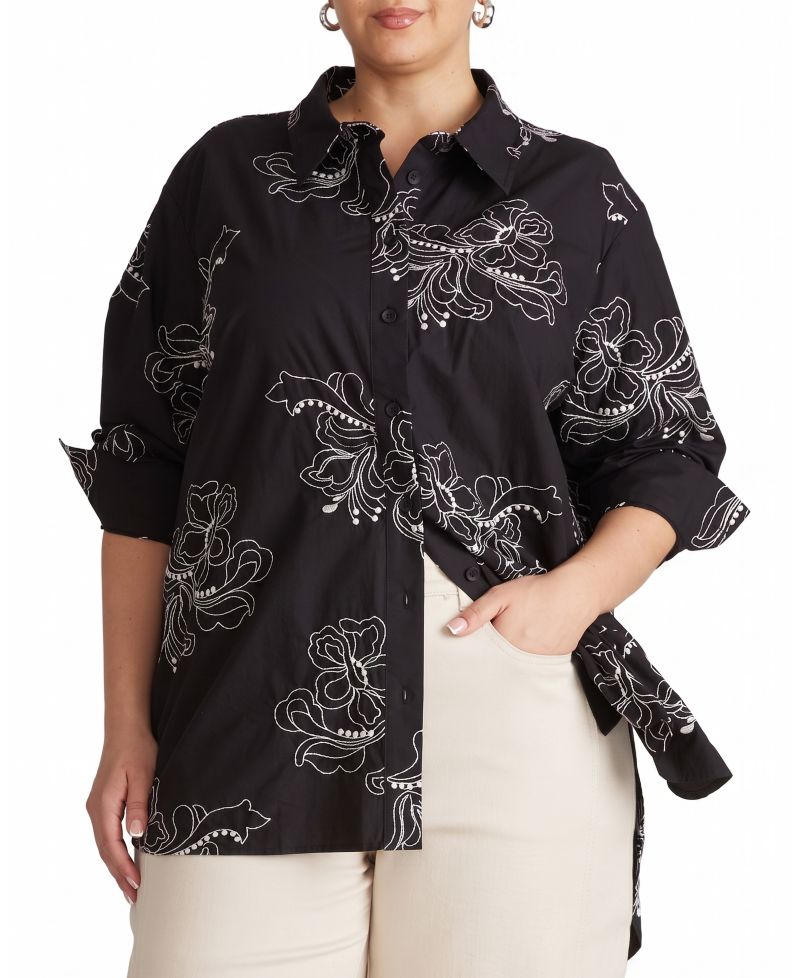Plus Size Oversized Embroidered Eyelet Long-Sleeve Button-Down Shirt