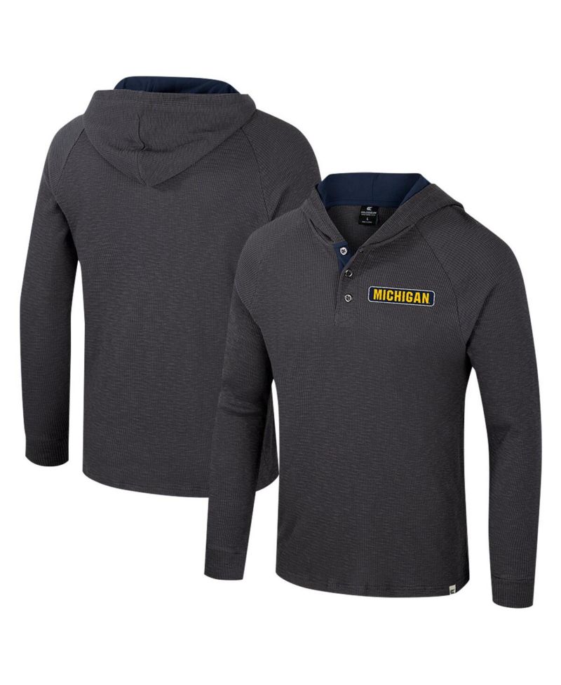 Men's Charcoal Michigan Wolverines Dujour Raglan Long Sleeve Henley Hoodie T-Shirt
