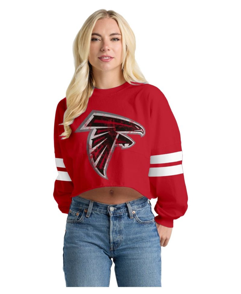 Women's Red Atlanta Falcons Oversized Cropped Stripe Long Sleeve T-Shirt