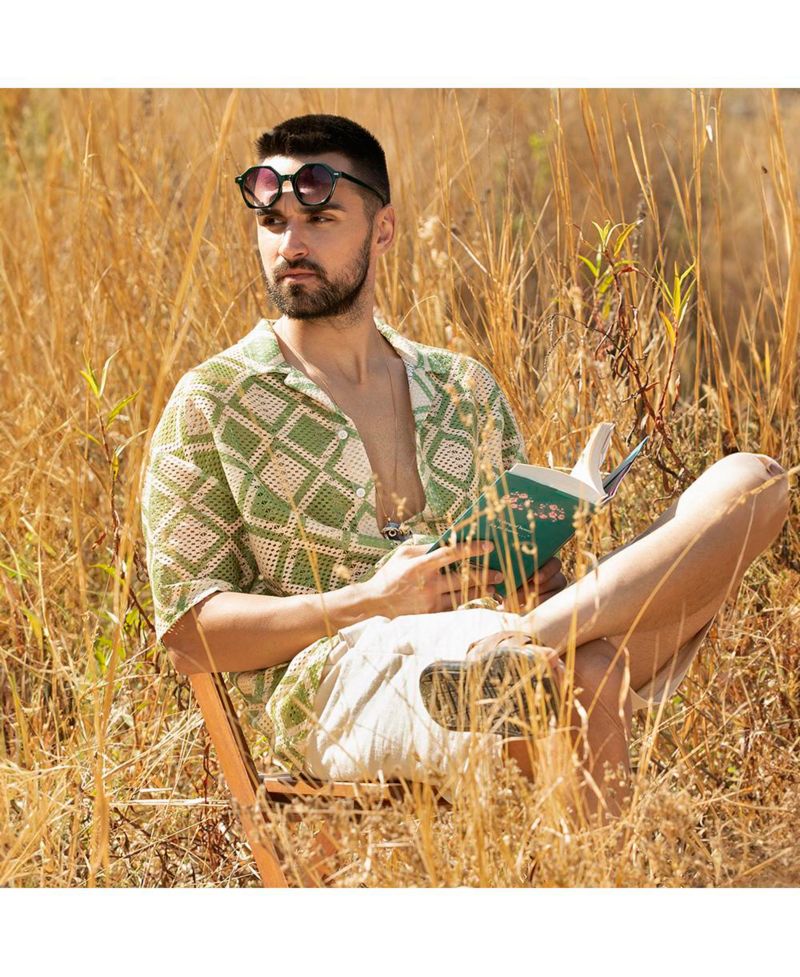 Men's Grass Green & Pale Yellow Geometric Block Oversized Shirt