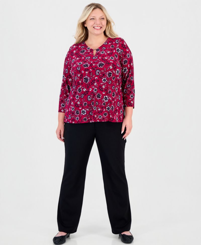 Plus Size Kissing Trim Top Floral-Print V-Neck Keyhole Detail Blouse