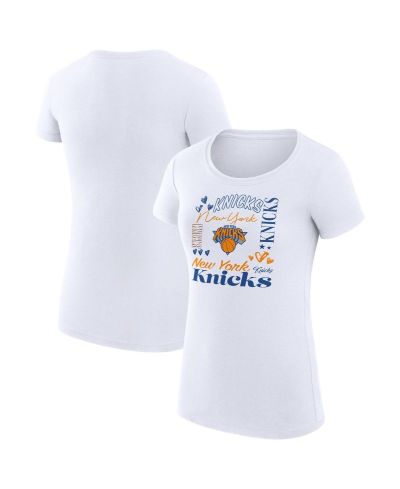 Women's White New York Knicks Super-Slim Fit Lightweight Team Name Collage Graphic T-Shirt